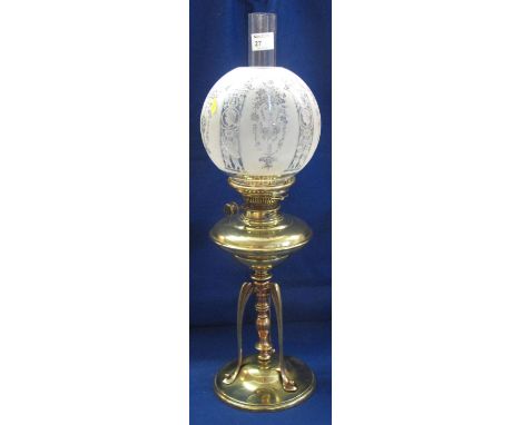 Art Nouveau design brass double burner oil lamp with brass reservoir, baluster pedestal with three legs on a domed base.  Etc