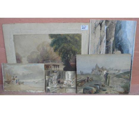 A collection of unframed, 19th Century watercolours, in different hands, including R. Bennett and others, beach scenes, river