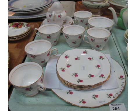 Tray of Colclough bone china 'rose' design teaware items to include: teacups and saucers; milk jug; sucrier; sandwich plate a