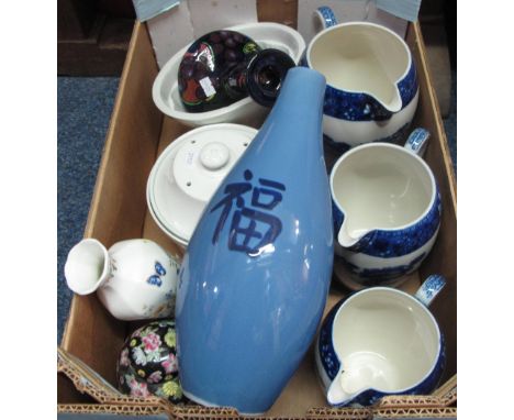 Tray of assorted china to include: set of three graduated, blue and white Copeland Spode 'Tower' baluster jugs; modern Chines