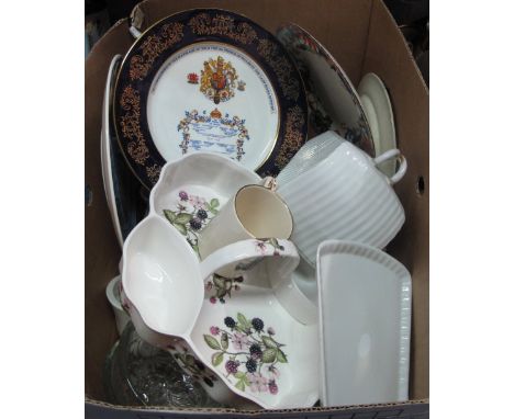Box of assorted china and glass to include: various cheese dishes and covers; Aynsley commemorative plate, Royal Wedding, 198