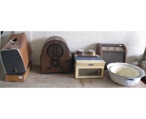 Vintage G.E.C. and another vintage Bakelite radio together with a Dansette record player together with a Singer sewing machin