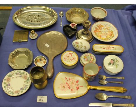 Box of assorted items to include: white metal dwarf candlestick; vanity mirror; ceramic dressing table jars and covers; Orien