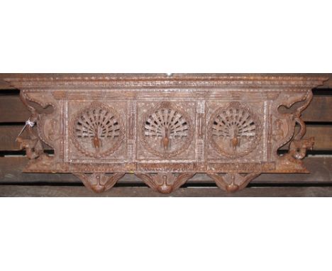 Asian carved hardwood panel decorated with dragons, figures and peacocks, possibly a hat rack.  20th Century.