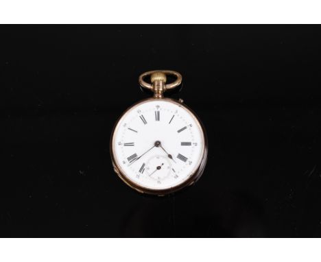 Taschenuhr.GG 14 K. Goldgehäuse graviert, Emailzifferblatt, kleine Sekundenanzeige, arab.- Minuten und röm.- Stundenangabe. H