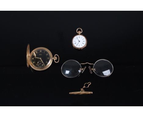 Zwei Taschenuhren.Damenuhr  GG 14 K und Kravattenklammer GG 18 K. Gew. 33,89 g. Dazu Savonette Marke "Stowa", Double. Brillen