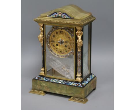 A French onyx and enamel champleve four glass mantel clock H.34cm