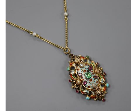 A 19th century Austro-Hungarian? yellow metal, enamel and gem set pendant (brooch conversion), on a yellow metal and seed pea