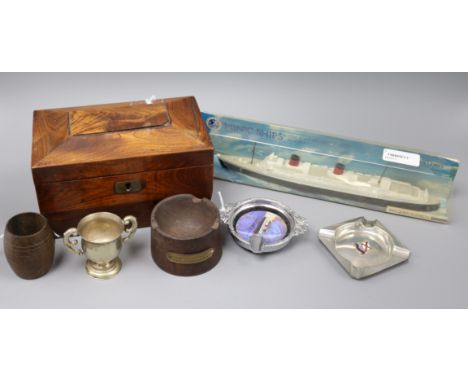 A group of mixed collectables, including a small two-division tea caddy, a Minic model of RMS Queen Elizabeth, two treen ship