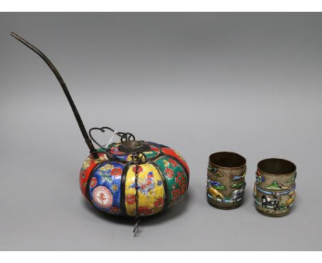 A pair of Chinese enamel and silver plated 'horse' cups and a water pipe