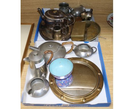 Sundry metalware and an enamel bowl