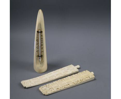 Two 19th century carved ivory Chinese cribbage boards and an ivory thermometer (3)