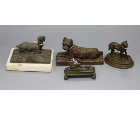 A bronze model of a mastiff, two other figures of dogs and a spelter model of a goat after P J Mene (4), the mastiff standing