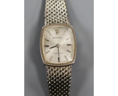 A lady's 9ct white gold Rolex Precision manual wind wrist watch, on a 9ct white gold bracelet (no winding crown).