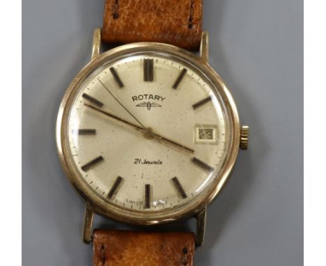 A gentleman's 9ct gold Rotary manual wind wrist watch, on leather strap.