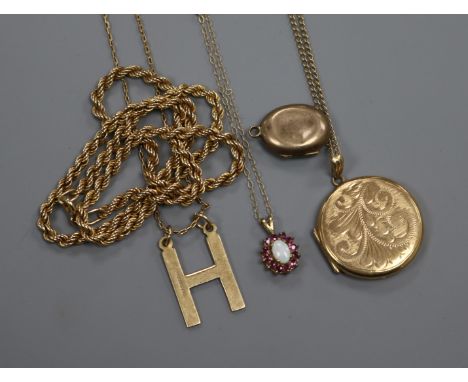 A 9ct gold, ruby and opal pendant on chain, a 9ct gold 'H' initial pendant on chain and three other items, including an engra