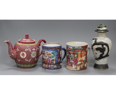 Two Chinese export mugs, a famille rose teapot and a vase and cover tallest 21cm