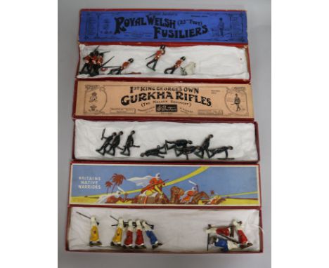 Three boxes of Britains lead model sets - Native warriors, Royal Welsh fusiliers and Gurkha rifles