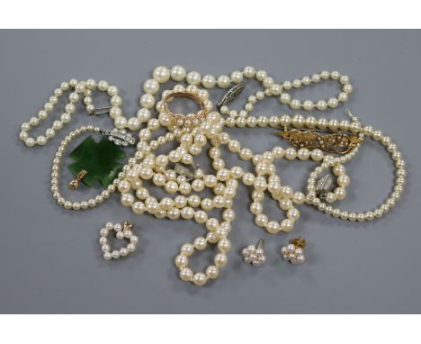 A Victorian pearl and yellow metal half-hoop ring (tests as approx 15ct) and seven other items, including a pearl and gold op