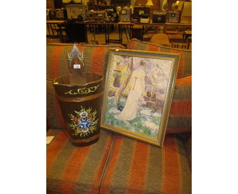 Painted Wood Stick Stand and an Oil Painting