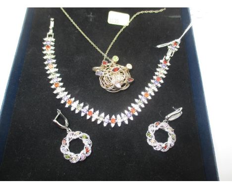 Silver and Multi Coloured Stone Bracelet, Pair of Earrings, Pendant, Brooch, Bangle and 2 Pairs of Earrings
