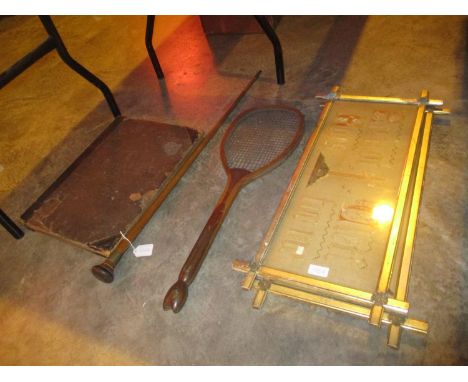 Blacks General Atlas of The World, Walking Stick, Vintage Tennis Racquet and a Pair of Religious Pictures