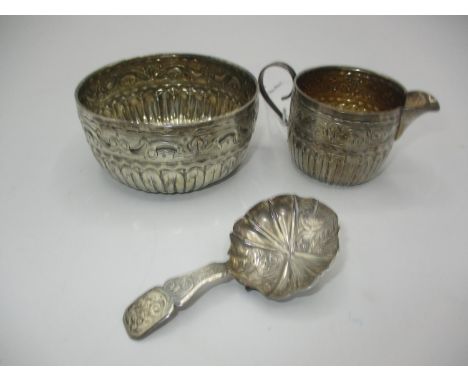 Victorian Silver Sugar and Cream, Birmingham 1887, Maker HT and a Silver Caddy Spoon, Birmingham 1852, Maker JT, 104g total