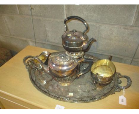 Victorian Silver Plated 3 Piece Tea Service with Spirit Kettle and Tray