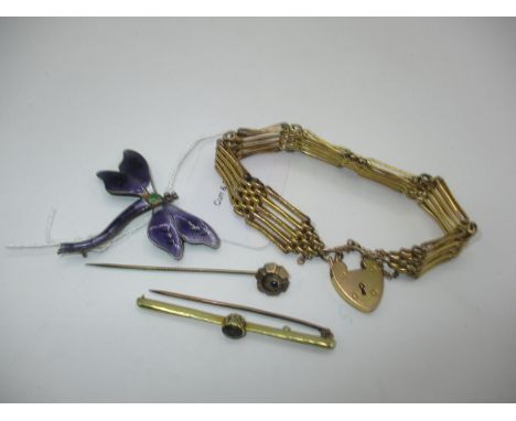 15ct Gold Bar Brooch, 2.42g, Stick Pin, Gate Bracelet and a Silver and Enamel Dragonfly Brooch
