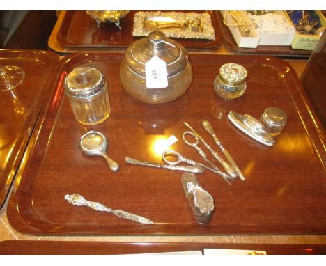 Silver and Glass Powder Box, Manicure Tools, Pin Cushion etc