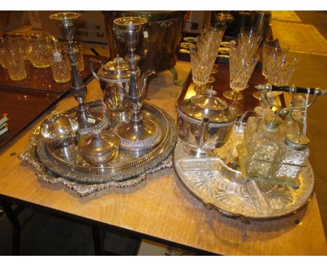 Pair of Silver Plated Candlesticks, 4 Piece Tea Service, Cruet Set, 3 Trays and Serving Dish