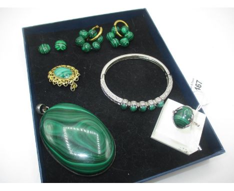 Silver and Malachite Ring, Pendant, Brooch, Bangle and 2 Pairs of Earrings