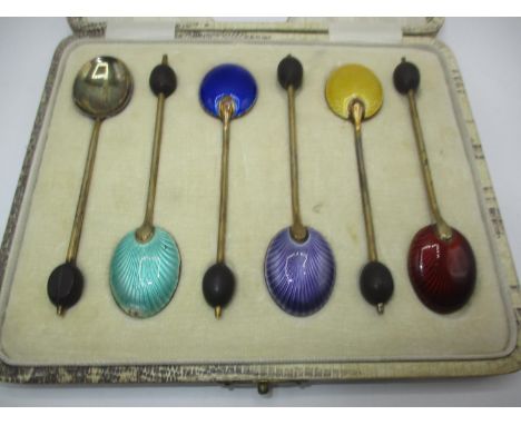 Cased Set of 6 Silver Gilt and Enamel Coffee Spoons, Birmingham 1928