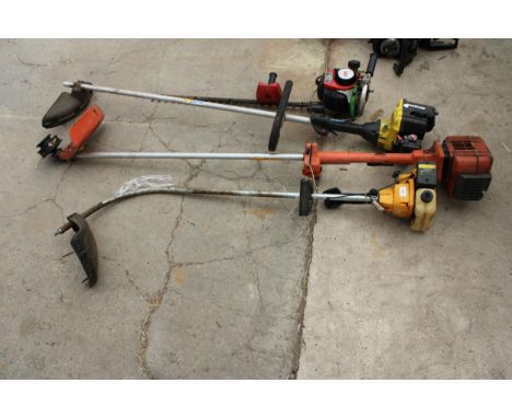 FOUR VARIOUS PETROL GARDEN TOOLS TO INCLUDE A KAWASAKI HEDGE TRIMMER AND A PARTNER STRIMMER ETC 