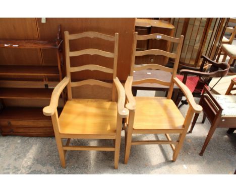 A PAIR OF LIGHT ELEM AND BEECH CARVER CHAIRS BY GRAHAME AMEY LIMITED, CRICKHOWELL, SOUTH WALES 