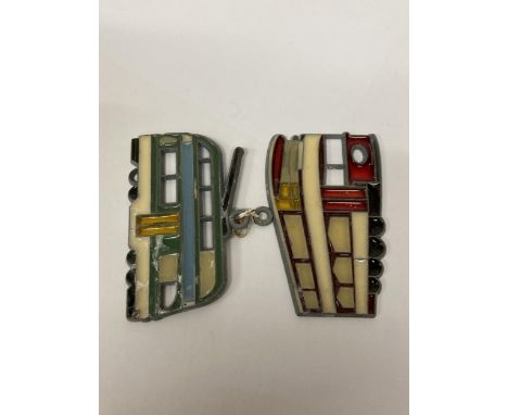 TWO VINTAGE ENAMEL AND LEAD TRAM BADGES 