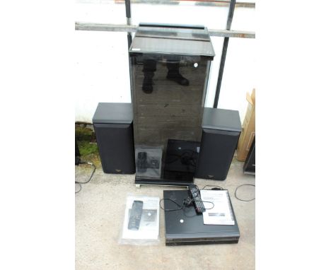 A MEDIA UNIT CONTAINING A LARGE ASSORTMENT OF TECHNICS STEREO ITEMS, A PAIR OF TECHNICS SPEAKERS AND A TOSHIBA DVD/VIDEO RECO