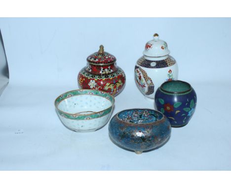 A ANTIQUE CHINESE RED AND GOLD BRONZE CLOISONNE ENAMEL FOO DOG JAR ETC 
