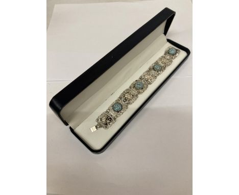 A VINTAGE CHUNKY, FAUX TURQUOISE CABACHON, PANEL LINK SILVER BRACELET, BOXED 