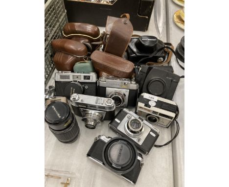A COLLECTION OF VINTAGE CAMERAS TO INCLUDE A PENTAX ME, KODAK RETINETTE, RANK MAMIYA, ZEISS CONTINA, ETC, PLUS CAMERA CASES, 