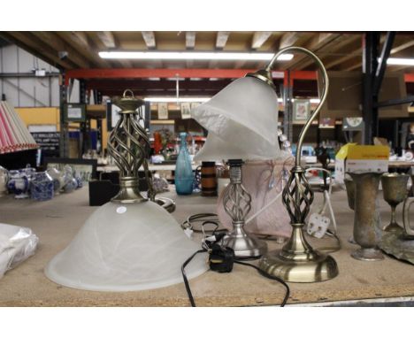 TWO TABLE LAMPS, A CEILING LIGHT WITH OPAQUE GLASS SHADE AND A LAMP IN THE SHAPE OF A HANDBAG 