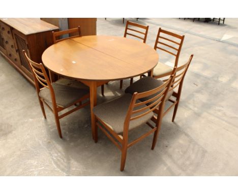 A RETRO TEAK 48" DIAMETER EXTENDING DINING TABLE (LEAF 17") AND SIX LADDER-BACK DINING CHAIRS 