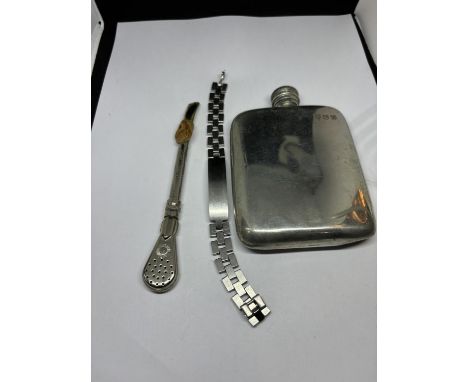 THREE VARIOUS ITEMS TO INCLUDE A HIP FLASK, IDENTITY BRACELET AND A TEA STRAINER STRAW 
