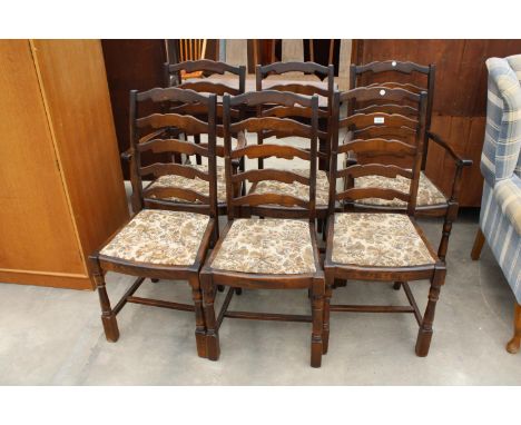 A SET OF SIX PRIORY INN SCENE LADDER BACK DINING CHAIRS, TWO BEING CARVERS 