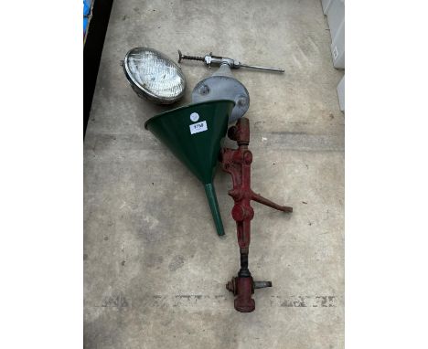 FOUR VARIOUS ITEMS TO INCLUDE A FUNNEL AND A LUCAS CAR LIGHT ETC 