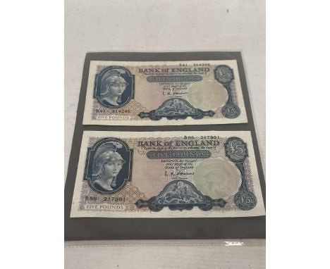TWO BANK OF ENGLAND FIVE POUND NOTES SIGNED L K O'BRIEN (1955 - 1962) 