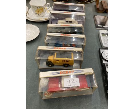 SIX VINTAGE DINKY CARS IN BOXES TO INCLUDE A CHEVROLET BEL AIR 1957, A 1950 FORD VAN ADVERTISING HEINZ, A 1952 CITROEN 15 CV,
