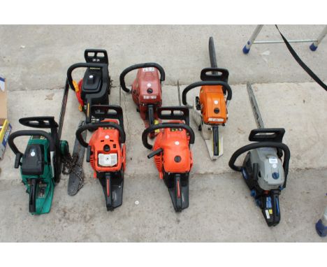FIVE VARIOUS PETROL CHAINSAWS AND TWO FURTHER PETROL CHAINSAW ENGINES 