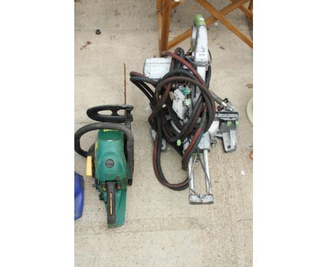 AN EVOLUTION CROSS CUT MITRE SAW, CUTTING PIPES AND A PETROL CHAINSAW 
