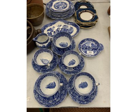 A QUANTITY OF COPELAND SPODE 'ITALIAN' TO INCLUDE A CAKE PLATE, NIBBLES DISH, A CREAM JUG, CUPS AND SAUCERS, PLUS 'OLD WILLOW